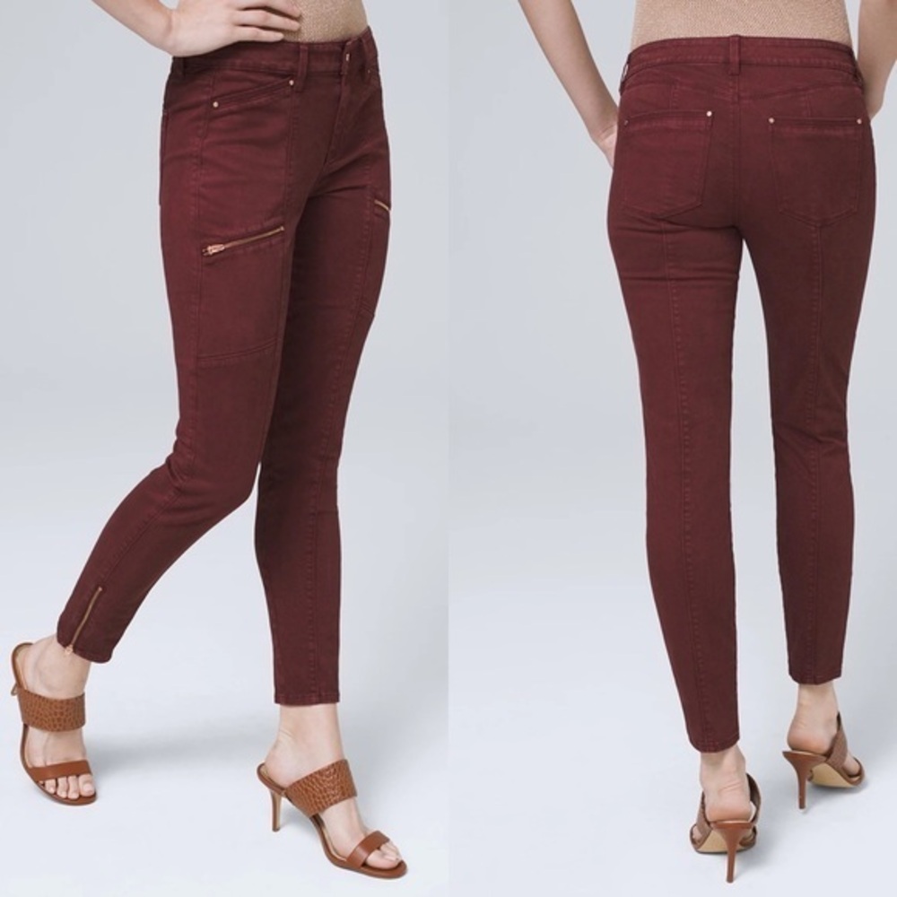 Mid-Rise Skinny Crop Jeans burgundy zippered pockets 0R NEW